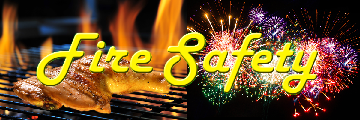 Fire Safety - Chicken on grill with fire coming up from bottom, Fireworks